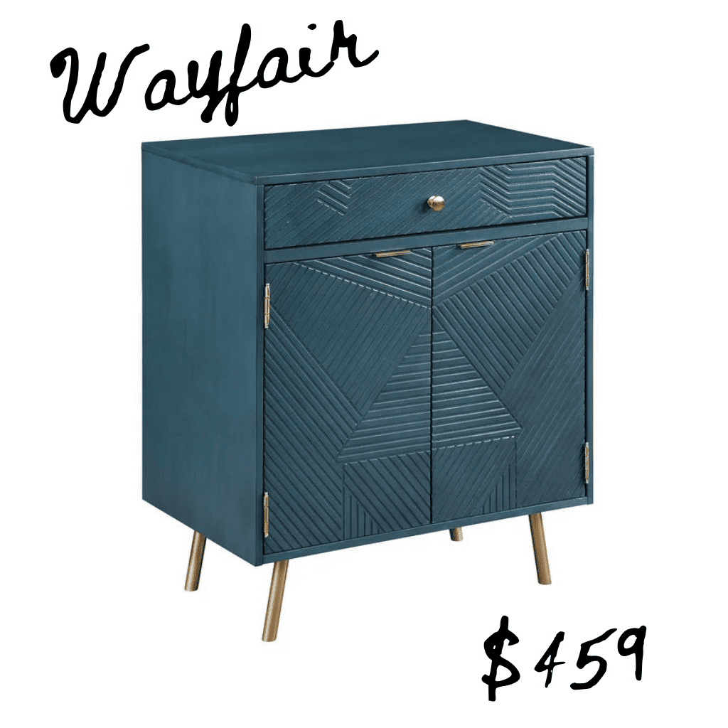Wayfair lookalike of turquoise nightstand with gold hardware from Anthropologie home