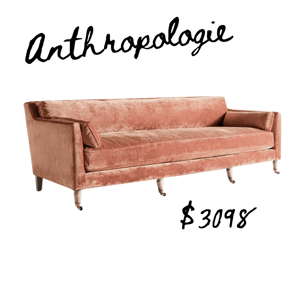 Pink velvet Anthro sofa with rolling legs