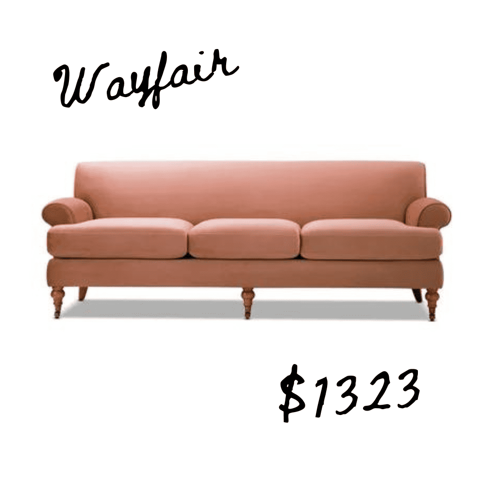 Pink wayfair velvet sofa with turned legs lookalike for Anthropologie home
