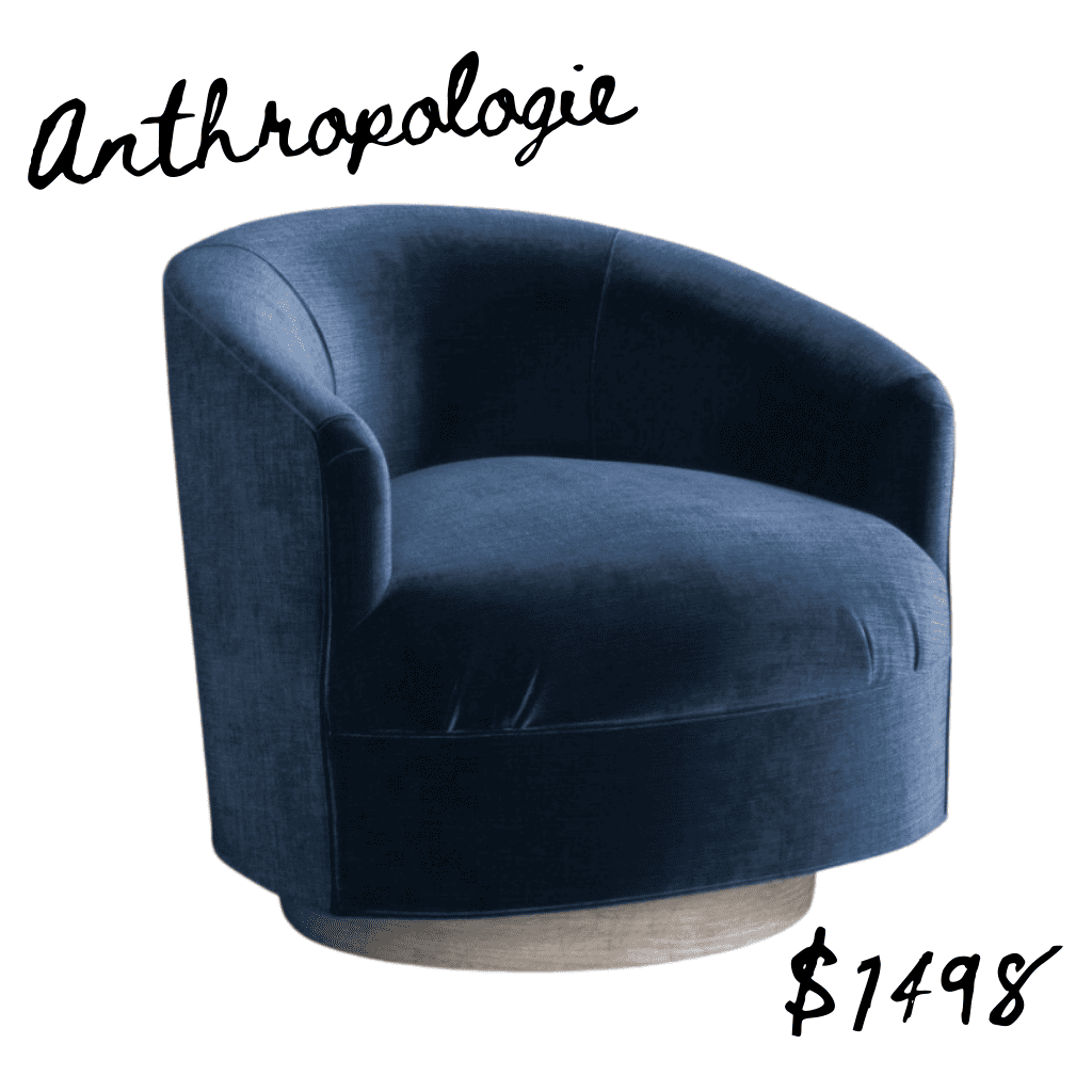 Anthropologie blue velvet barrel chair