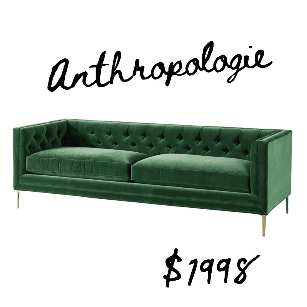 Anthropologie green velvet tufted sofa