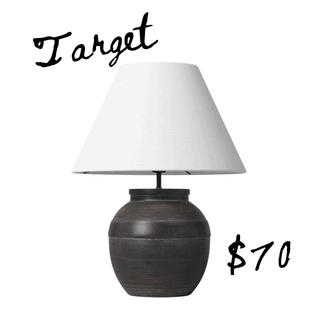 Black pottery lamp from target with white shade lookalike of Anthropologie home