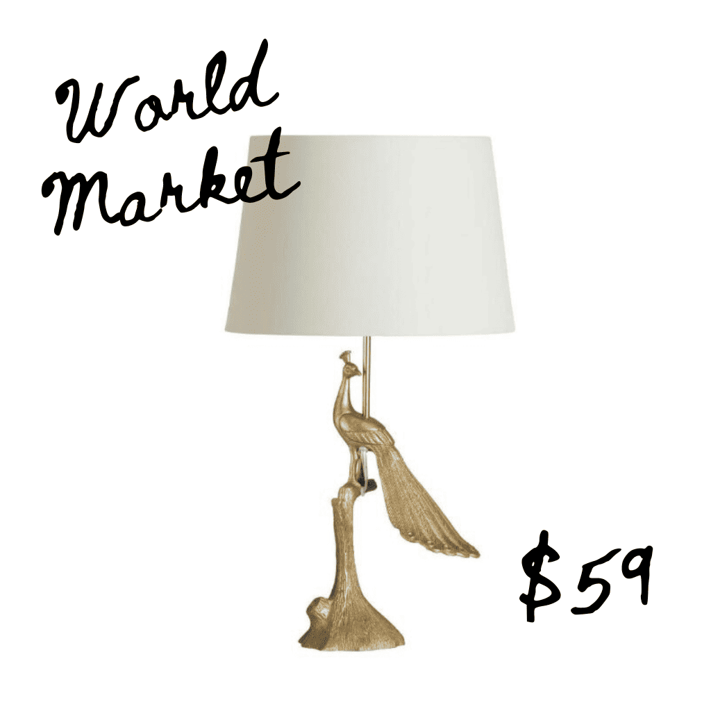 Gold peacock lamp with white shade from world market lookalike of Anthropologie home bird lamp