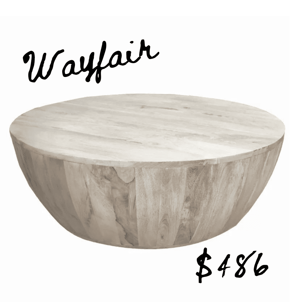 Wayfair white washed drum coffee table lookalike from Anthropologie home