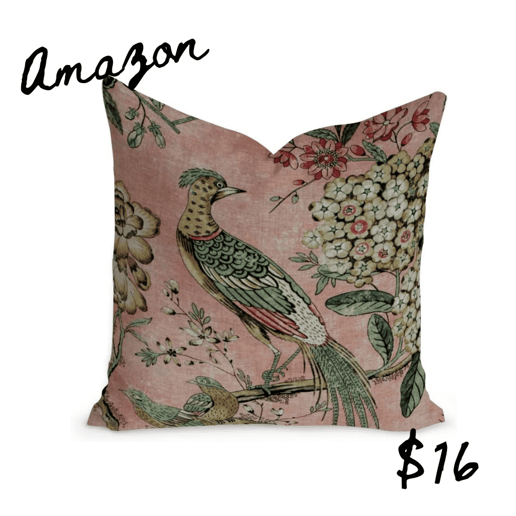 Amazon lookalike of pink bird pillow from Anthropologie home